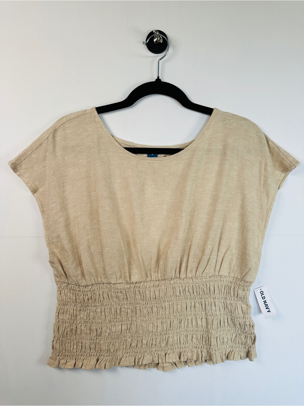 Old Navy Linen Blend Smocked-Waist Keyhole Back Crop Top Cream Oatmeal Size L